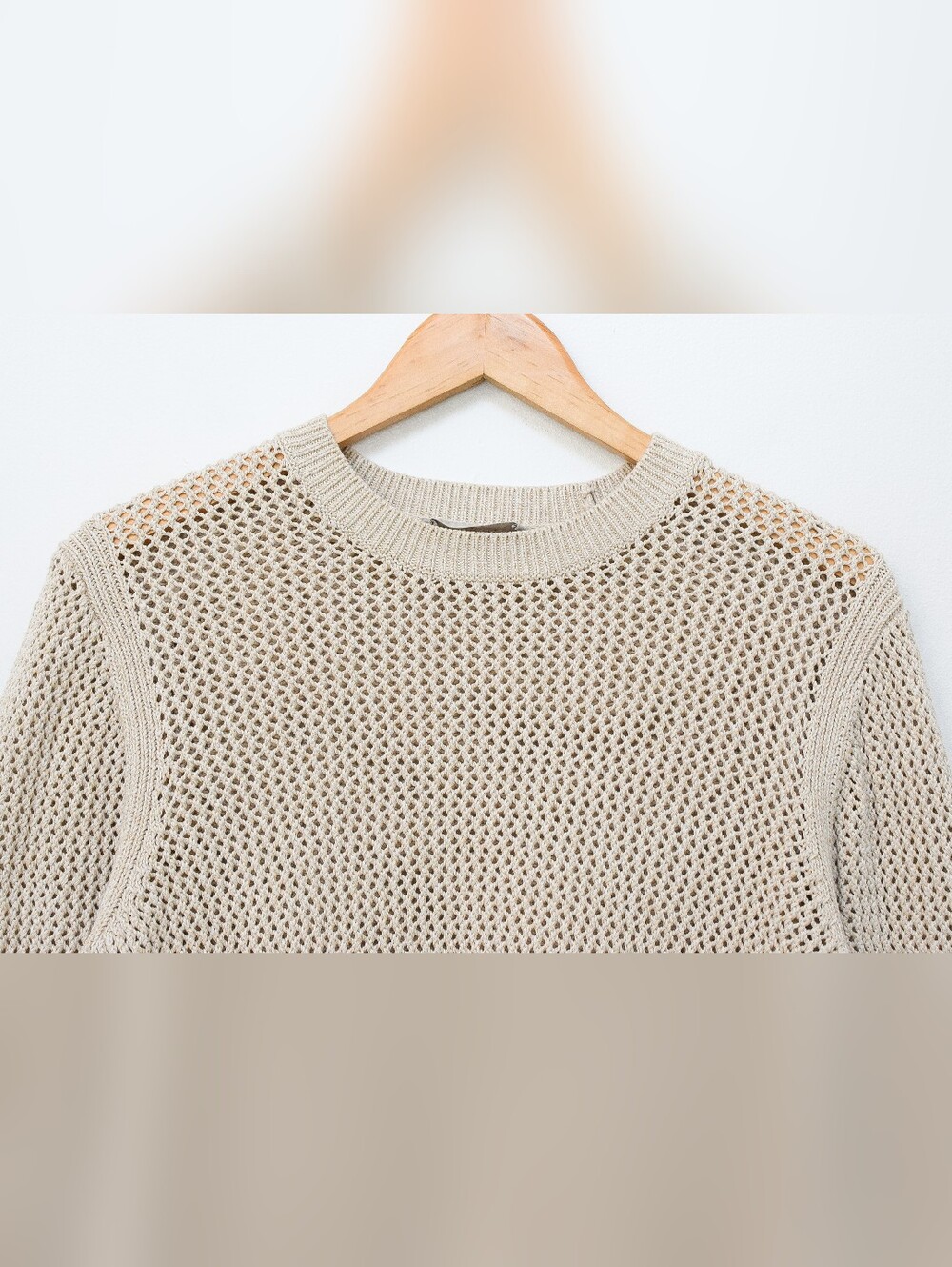 Everlane Mesh Soft Cotton Crew Neck Sweater Tan Beige Open Knit Size L Fisherman - Picture 6 of 10